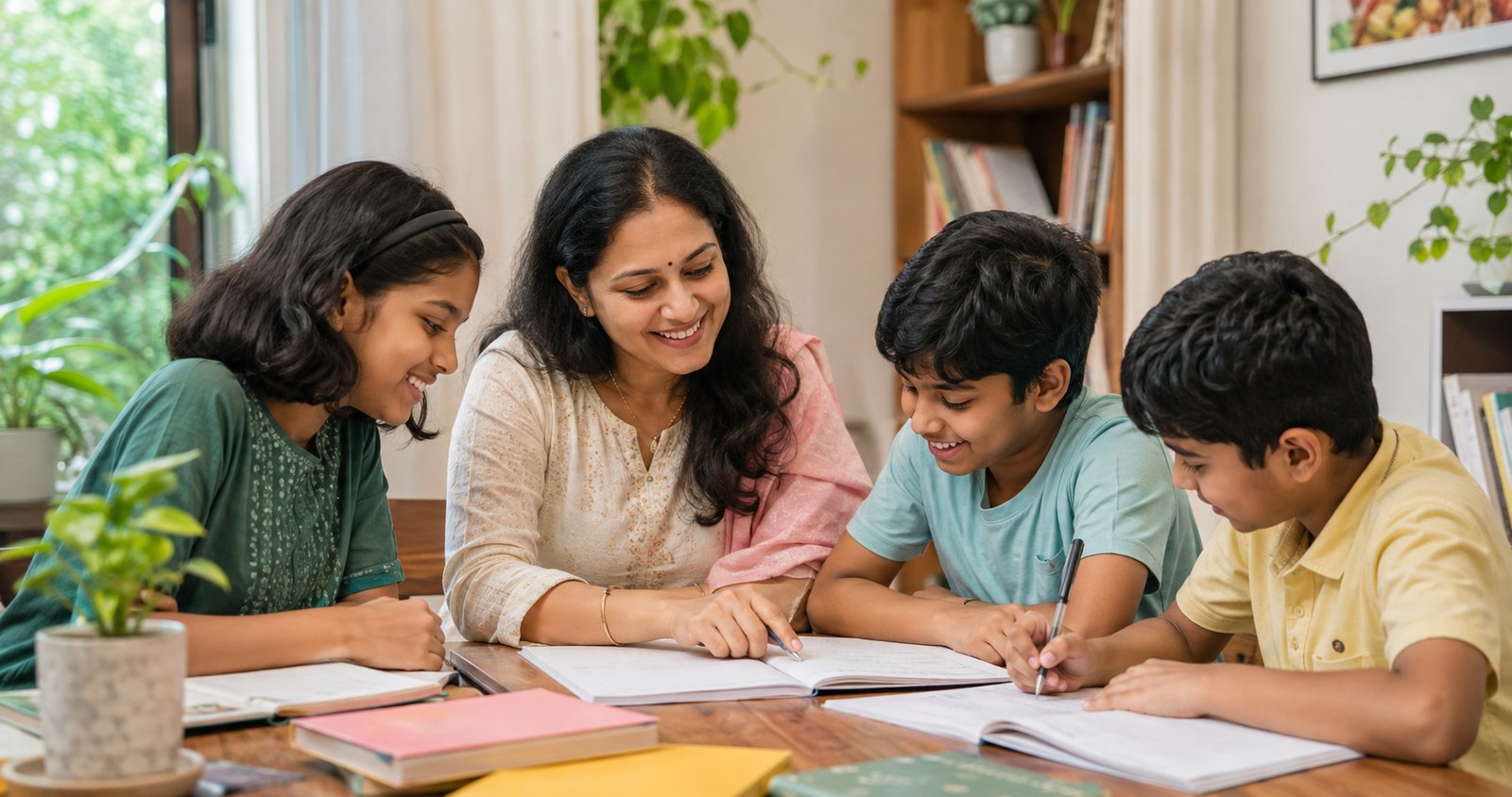 A Malayalam tutor guiding students in a friendly learning session
